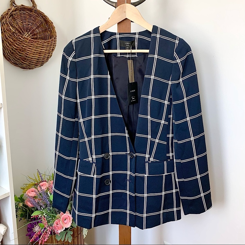 NEW J Crew 365 Navy White Windowpane Check Double Breasted Blazer Jacket 00 NWT